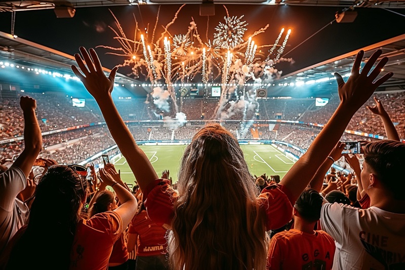 Torcedora de cabelos castanhos aparece de costas abrindo os braços e comemorando em campo de futebol iluminado por fogos de artifício