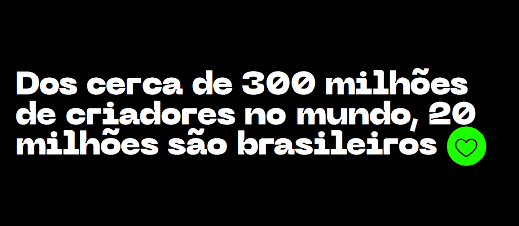 Card em fundo preto com letras brancas mostra dados sobre criadores na série a primeira edição do ABAP No Ar. O texto diz "Dos cerca de 300 milhões de criadores no mundo, 200 milhões são brasileiros"