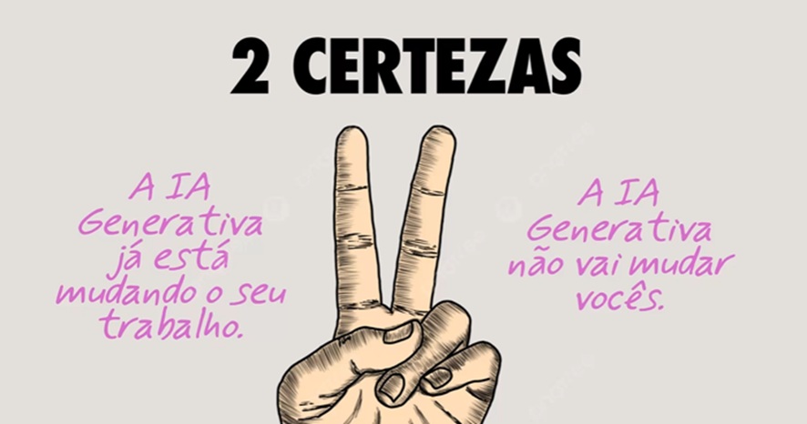 Tela mostra dois dedos levantados em máo desenhada a bico de pena em fundo cinza claro e indicando duas certezas durante webinar Abap No Ar sobre IA